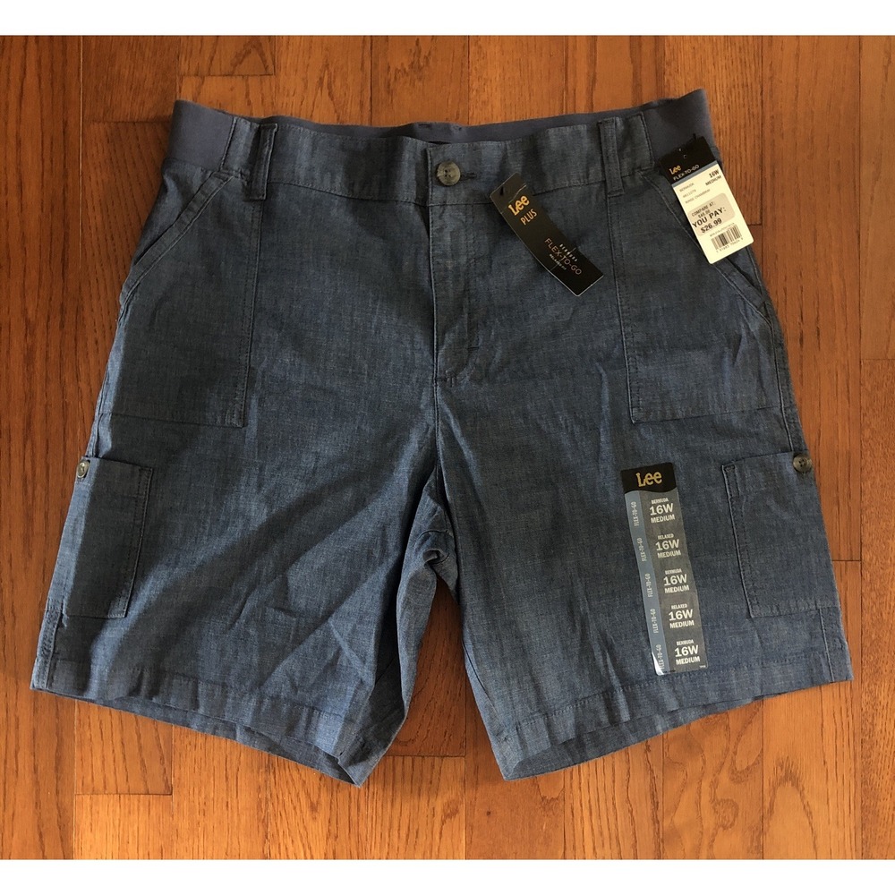 Lee Relaxed Fit Flex To Go Chambray Blue Cargo Mid Rise Shorts 16W New Tags